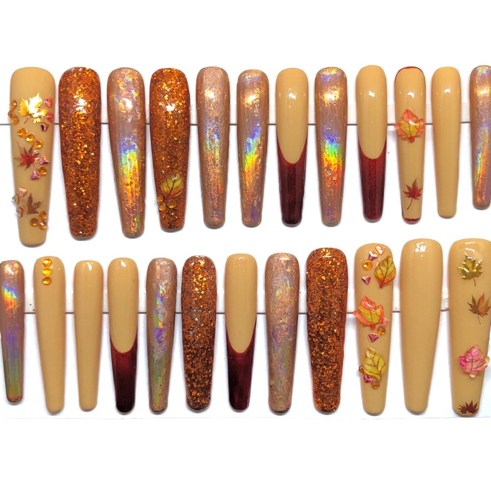 Handmade Custom Press On Nails 2XLong Coffin Leaves Holograms Glitter Bling